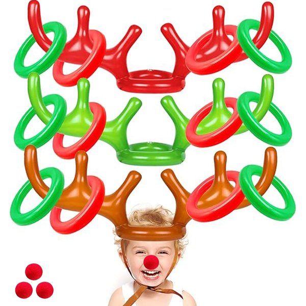 Total 18 Pcs 3 Set Inflatable Reindeer Antler Ring Toss Game Christmas Party Games Kids Family Xmas Toys Stock Stuffer Christmas Activities Carnival Supplies - 3 Antlers 12 Rings 3 Reindeer Nose