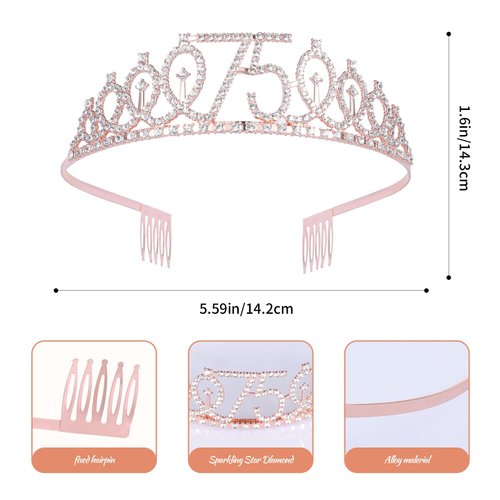 JasperKino 75th Birthday Sash and Tiara Set Rose Gold Birthday Sash Crown Birthday Party Favors Supplies for Girls Birthday Party