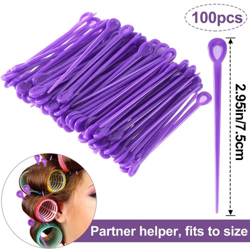 Pndeyo 100pcs Brush Hair Roller Pick, Plastic Hair Roller Locking Tools, Hair Curler Roller Pin Rod Crochet Accessories for Women Girls Hair Curling Styling- Purple