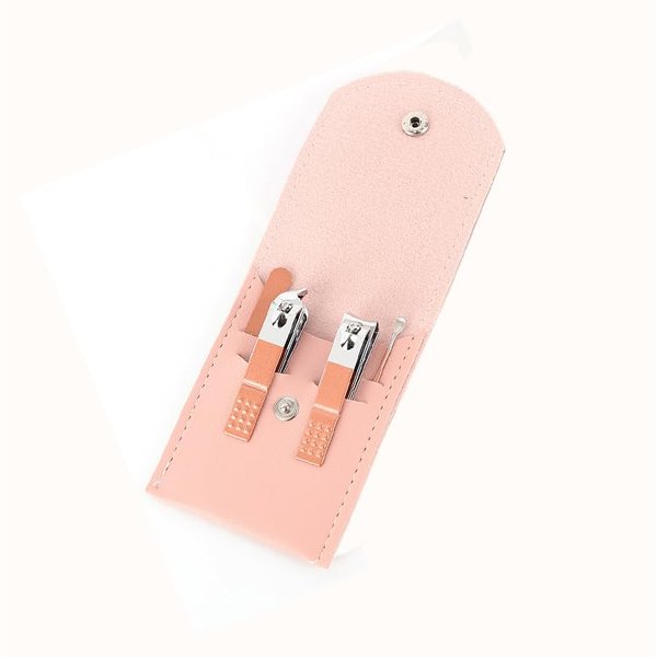 Tusuge Manicure Set Portable Finger and Toe Nail Clipper Kit, 4 in 1 Pedicure Kit Nail Clippers Set Stainless Steel with Ear Cleaner, Leatherette Set (Pink)