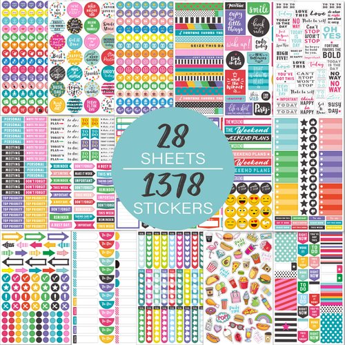 Planner Stickers Pack - 28 Sheets / 1378 Stickers, Stylish Variety Assortment Bundle Planner Accessories for Planning or Decorating Planners, Journals & Calendars, Re-stic as Special Design