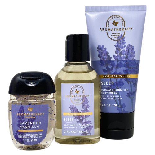 Bath & Body Works Aromatherapy Sleep Lavender Vanilla Travel Gift Bag Set - Body Cream - Body Wash + Foam Bath - Hand Gel Travel Size with a Himalayan Salts Springs Sample Soap.