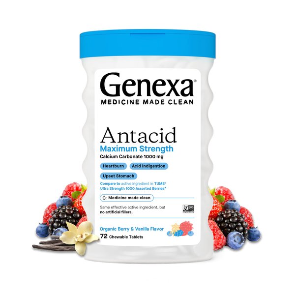 Genexa Antacid Maximum Strength - 216 Tablets (3pk) - Calcium Carbonate Acid Reducer, Non-GMO, Certified Gluten-Free, Free of Talc, Free of Artifical Dyes & Parabens