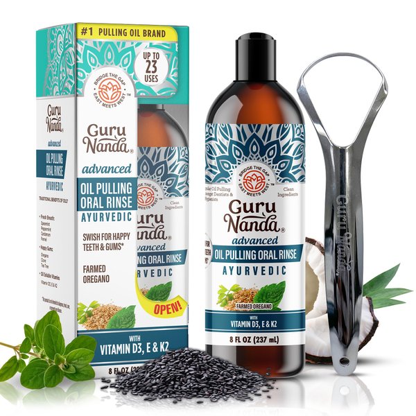 GuruNanda Advanced Oil Pulling with Tongue Scraper - Natural Alcohol-Free Mouthwash with Coconut Oil, Vitamins D & E for Healthy Teeth & Gums(8 Fl Oz)