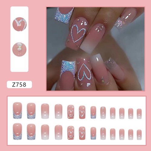 Blue Glitter French Tip Heart Press on Nails Medium Square Fake Nails Glossy Gradient False Nails with Rhinestones Design Reusable Stick on Nails Glue on Nails Acrylic Artificial Nails for Women