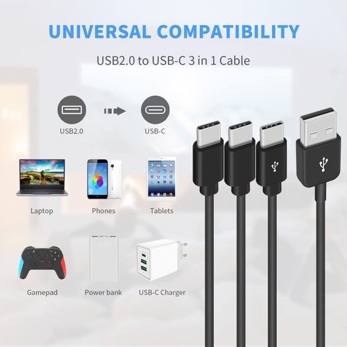 Duttek USB A to USB C Splitter Cable 5 Ft/1.5M, USB C Splitter Charging Cable, 3 in 1 USB2.0 Male to 3 USB C Male Multi USB C Cable Compatible with USB Type-C Phones, Tablets (Black)
