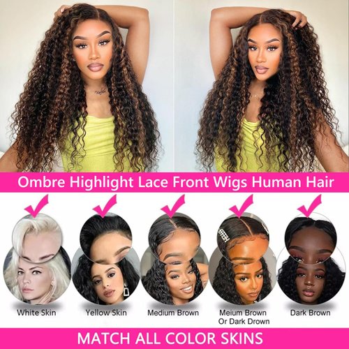 Super idol Ombre Highlight Deep Wave Lace Front Wigs Human Hair 1B/30 Honey Blonde Lace Closure Wigs for Black Women Pre plucked with Baby Hair Free Part(16 Inch, 1B/30 Highlight Wig)