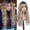 Foufait Ombre Blonde Wig With Bangs Long Wavy Curtain Bangs Wig Synthetic Wigs for Women Curly Wave Wig with Dark Root Daily Party Use (Dirty Blonde)