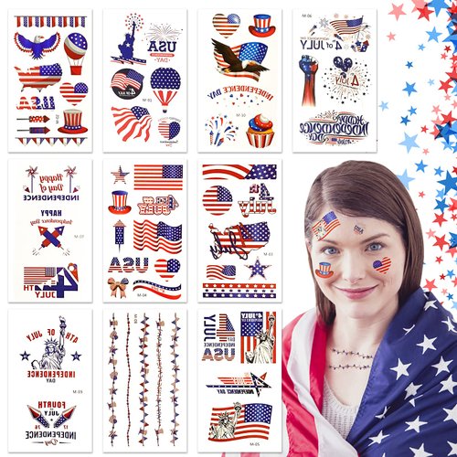 4th of July Decorations Temporary Tattoos, 10 Sheets Tattoo Stickers Complete Independence Day Collection, Independence/Memorial Day Decorations, Patriotic Theme Party Decor Supplies, Fourth of July