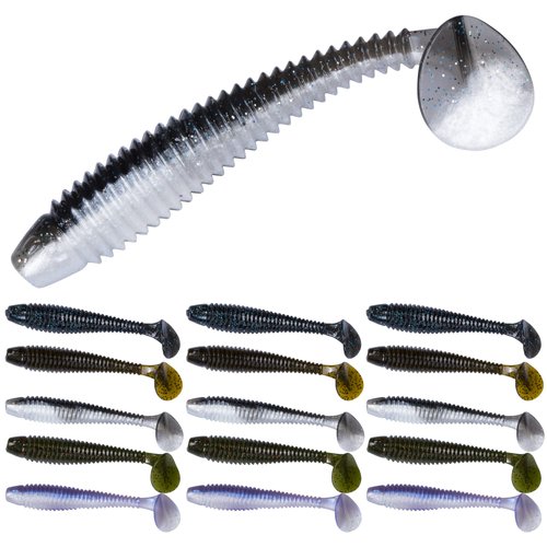 Bombrooster Paddle Tail Swimbaits, 4.75" Soft Plastic Bait Ribbed Swim Bait 15pcs, Fishing Lure with Paddletail Bass Fishing