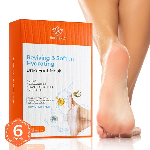 modelones 6 Pairs Hydrating Foot Mask for Dry Cracked Feet, Deep Moisturizing with Urea + Coconut Oil + Hyaluronic Acid+ Vitamin E, Foot Care for Women and Men, Soft Smooth Feet