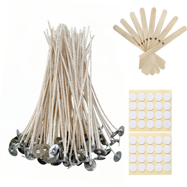 50 pcs 6" Candle Wicks for Candle Making Coated with Natural Soy Wax, Low Smoke Cotton Threads Woven with Paper 60 pcs Candles Wicks Stickers Wicks Centering Device