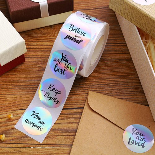 500 Pieces Laser Inspirational Words Stickers Motivational Quote Stickers Inspiring Planner Stickers Holographic Rainbow Encouraging Stickers Round Label Sticker for Book Phone Car Scrapbook, 1.5 Inch