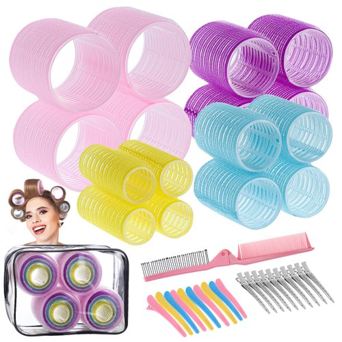 4 Sizes Rollers Hair Curlers, 38 Pcs Set Jumbo Hair Rollers 25mm 36mm 48mm 60mm Self Grip Hair Rollers with Clips, Curlers for Long Hair Short Hair Hair Bangs, 4 Colors