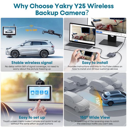 Yakry Wireless Backup Camera 5 Inch - Easy to Install Touch Key HD 1080P Monitor - No Delay Digital Signal Reverse Cam Night Vision for Car Truck Trailer Hitch Y25