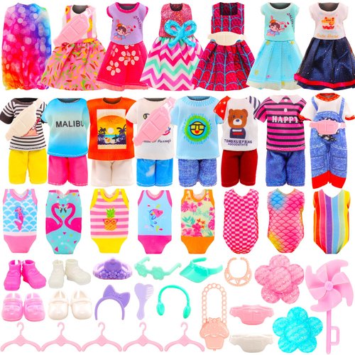 34 Pack for 5.3 Inch Dolls Clothes & Accessories Including 4 Dresses, 4 Tops, 4 Pants, 4 Swimsuits, 4 Shoes, 2 Pockets, 2 Hats, 5 Hangers with 9 Accessories for 5.3 - 6 Inch Dolls Clothing Set