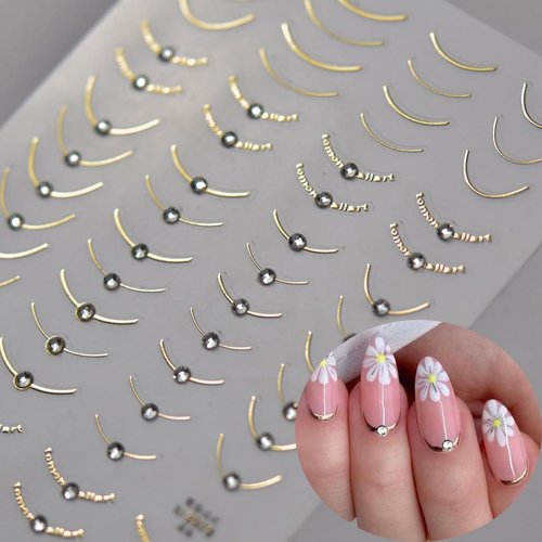 6 Sheets French Tip Nail Stickers 3D Self-Adhesive Gold Sliver Lines Nail Art Stickers Curved Stripe Designs with Crystal Rhinestones Nail Decals for Women Acrylic Simple French Manicure Decoration