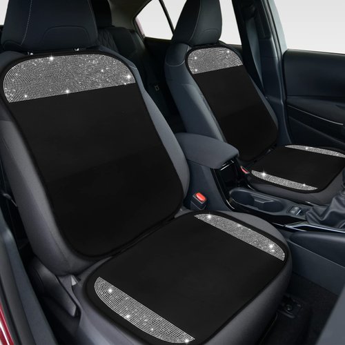 Tallew 2 Pair Bling Car Seat Covers for Women Rubber Black Front Seat Cover with Crystal Diamond Rhinestone Breathable Car Seat Protectors Fit Most Cars(White)