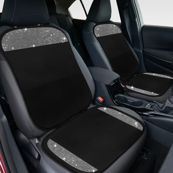Tallew 2 Pair Bling Car Seat Covers for Women Rubber Black Front Seat Cover with Crystal Diamond Rhinestone Breathable Car Seat Protectors Fit Most Cars(White)
