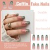 IMSOHOT Glossy Flower Press on Nails Medium Length Green Coffin Fake Nails French Cute False Nails Ballerina Glue on Nails for Women and Girls