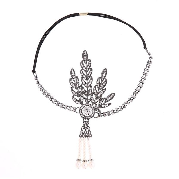 1920s Flapper Headband Great Gatsby Hair Hoops Rhinestone Crystal Tassel Headdress Leaf Pearl Headwear Headpiece Women Girls Hairband Hair Band Party Decoration Cosplay Costume Hair Accessories Black