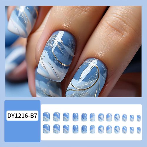 Tyuimhx Blue White Gradient Press on Nails Short Square Fake Nails Ombre False Nails With Gold Line Design Full Cover Stick on Nails Summer Acrylic Artificial Nails for Women Girls Glue on Nails 24Pcs