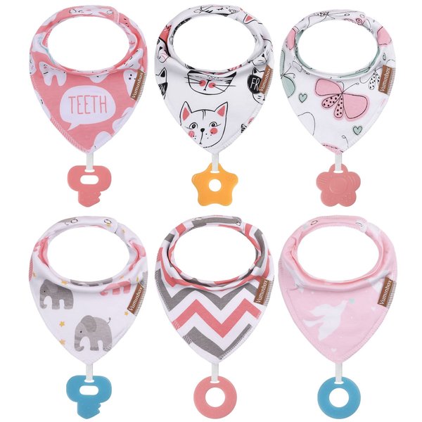 vuminbox Baby Bandana Drool Bibs 6-Pack and Teething Toys 6-Pack Made with 100% Organic Cotton, Absorbent and Soft Unisex (Multicolor)