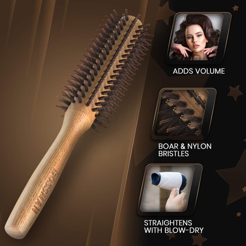 Bossman Boar & Nylon Bristle Hair Brush - Hair Styling Christmas Gifts for Dad, Husband, and Brother - 2 inch Round Brush - Blow Dryer Brush for Styling, Curling - Detangling Hair Dryer Brush