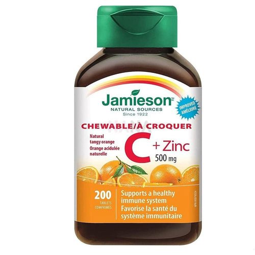 2 Bottles x Jamieson Chewable Vitamin C + Zinc, 500mg / 2mg, Natural Tangy Orange, 200 tabs