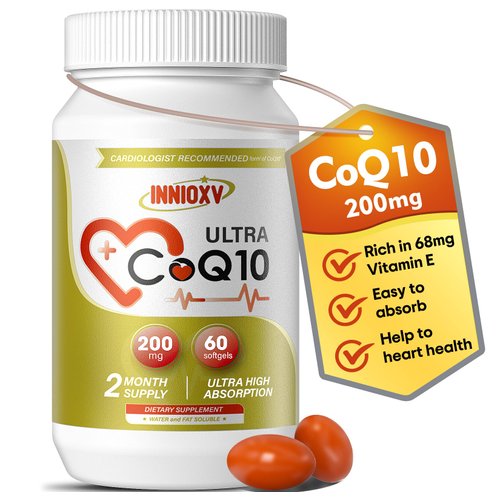 INNIOXV CoQ10 200mg Softgels Vitamin E for Heart Health, Powerful Antioxidant Supplement for Vascular Health, Energy Production, High Absorption Vitamin CoQ10 Nutritional Supplements, 60 Softgels