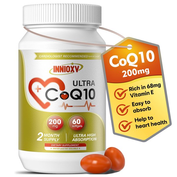 INNIOXV CoQ10 200mg Softgels Vitamin E for Heart Health, Powerful Antioxidant Supplement for Vascular Health, Energy Production, High Absorption Vitamin CoQ10 Nutritional Supplements, 60 Softgels