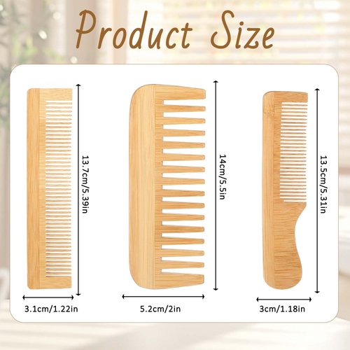 3 Pcs Bamboo Hair Comb, Wooden Comb for Women Men, Anti-Static Natural Bamboo Comb, Fine Tooth Wide Tooth Wood Combs Set for Straight Hair, Curly Hair, Beard