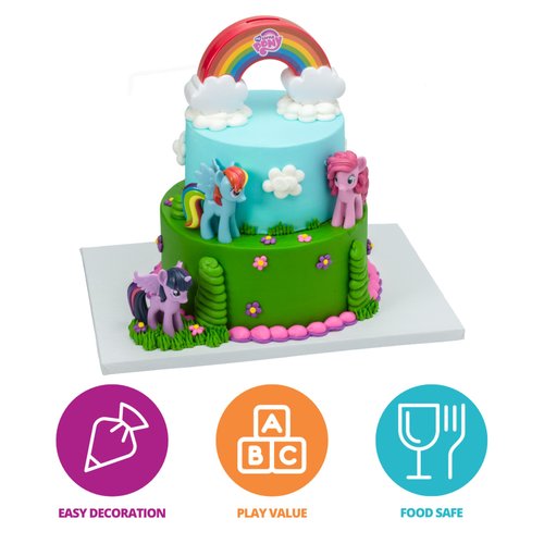 DecoSet® My Little Pony™ Over The Rainbow Signature Cake Topper, 4 Piece Decoration, Rainbow Dash, Pinkie Pie, and Twilight Sparkle, A Rainbow Coin Bank, Collectable Figurines For Birthday