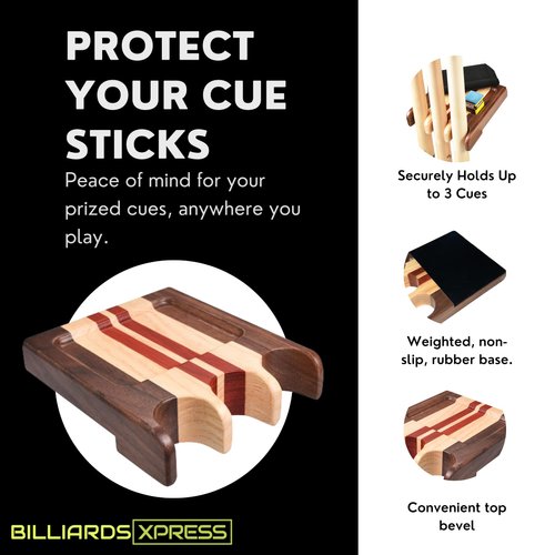 BILLIARDS XPRESS Pool Stick Holder, Portable Cue Stick Claw Rack Holds Cues Against Table, Bar or Chair – Weighted Solid Wood with Rounded Edges and Non-Slip Pad (3 Wood, 3 Cue Holder)