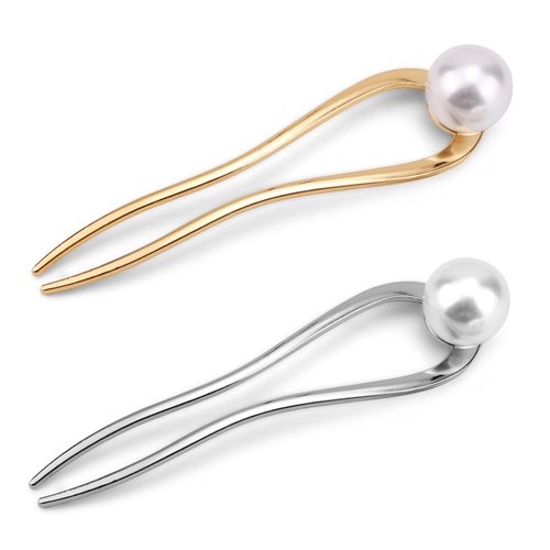 2pcs French Pearl Hair Pin, 11x2.7cm/4.33x1.06inch Metal French U Hair Pins French Twist Hair Pin Hair Sticks Gold Silver Hair Clip Hair Accessories for Women (Type1)