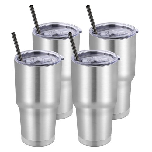 DOMICARE 30 oz Tumbler with Lid and Straw, Stainless Steel Tumblers Bulk, Insulated Vacuum Double Wall Travel Coffee Mug, Durable Powder Coated Tumbler Cups (Stainless Steel, 4)