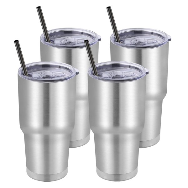 DOMICARE 30 oz Tumbler with Lid and Straw, Stainless Steel Tumblers Bulk, Insulated Vacuum Double Wall Travel Coffee Mug, Durable Powder Coated Tumbler Cups (Stainless Steel, 4)