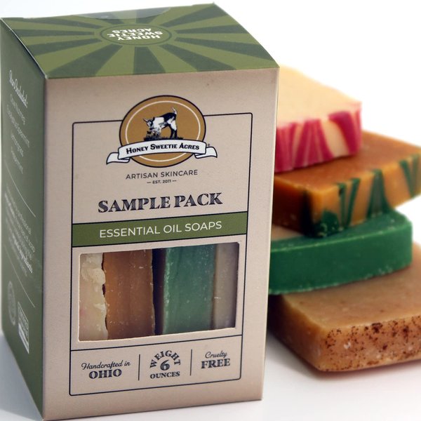 Honey Sweetie Acres Essential Oil Sample 4 Pack Goat Milk Soap All Natural Handmade Soap From Nigerian Dwarf Goats Milk For Increase Butter Fat To Enhance Moisturizing Clove Nutmeg, Lemongrass, Peppermint, Eucalyptus Spearmint