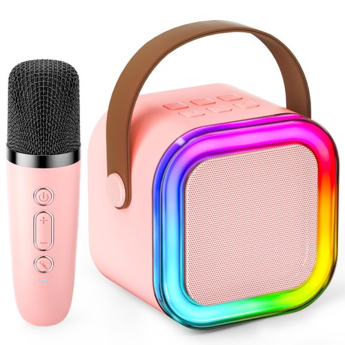 Mini Karaoke Machine for Kids, Christmas Birthday Gifts for Girls Boys Toy 4, 5, 6, 7, 8, 9, 10, 12+, Portable Bluetooth Speaker with 1 Wireless Mic, Karafun Premium Songs for All Ages(Pinkcolour)