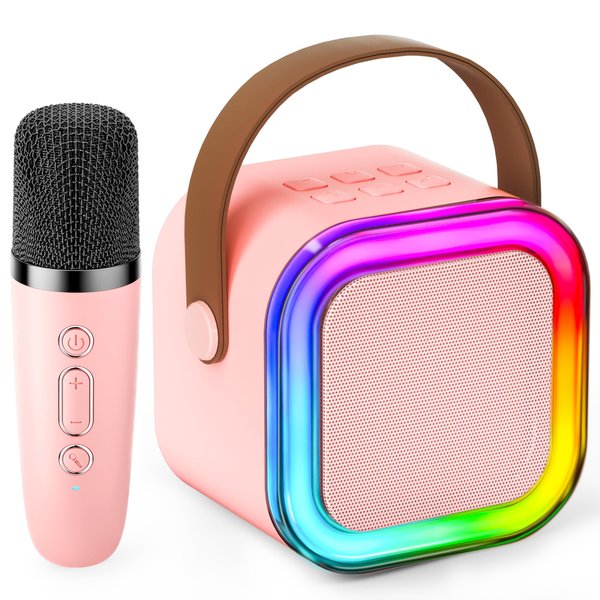Mini Karaoke Machine for Kids, Christmas Birthday Gifts for Girls Boys Toy 4, 5, 6, 7, 8, 9, 10, 12+, Portable Bluetooth Speaker with 1 Wireless Mic, Karafun Premium Songs for All Ages(Pinkcolour)