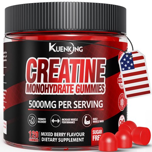 KuenKing Creatine Monohydrate Gummies 5g for Men & Women – 120 Vegan, Sugar-Free Creatine Monohydrate with Taurine & B12 for Strength Support, Energy Boost, Ideal Pre-Workout Supplement