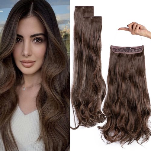 Upgrade Invisible Halo Hair Extensions with 3 PCS Set Headband Adjustable Long Wavy Secret Medium Ash Brown Hair Extensions for Women