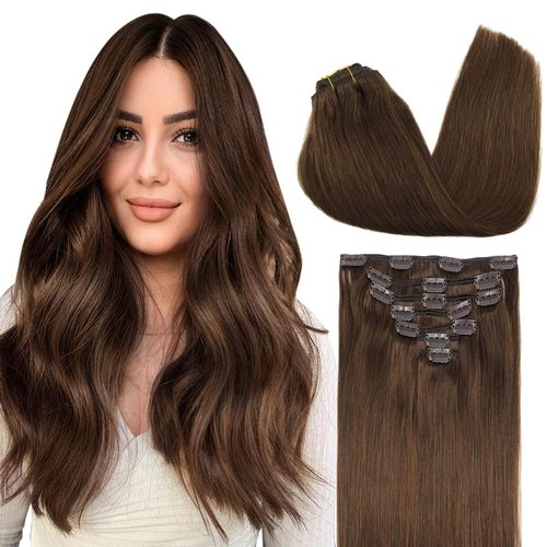 GOO GOO Clip in Hair Extensions Real Human Hair, 12inch 85g 7Pcs, 4A Chocolate Brown, Remy Human Hair Extensions Clip ins for Women, Natural Human Hair