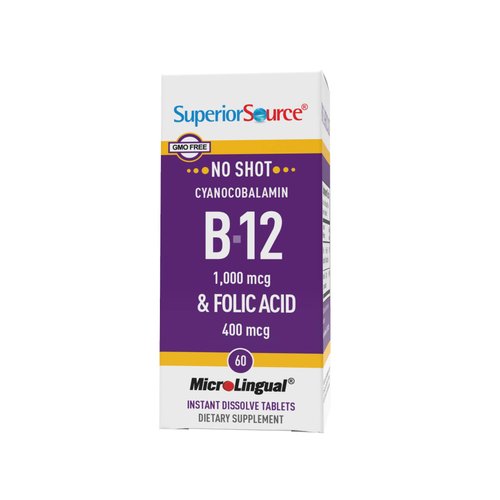 Superior Source No Shot Vitamin B12 Cyanocobalamin (1000 mcg), Folic Acid (400 mcg), Quick Dissolve MicroLingual Tablets, 60 Ct, Increase Energy, Boost Metabolism, Heart and Stress Support, Non-GMO