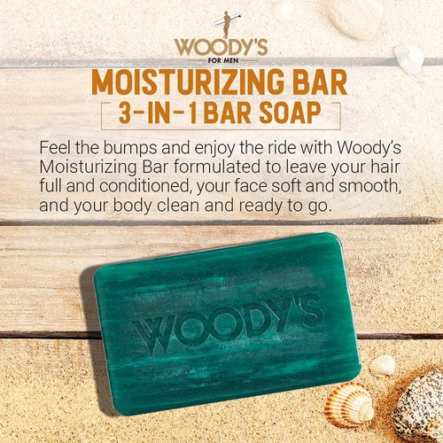 Woody's 3-in-1 Moisturizing Bar for Men, For Hair, Shave, and Body, All-Purpose Massage Bar Soap, Gentle Massage, Adds Moisture, for All Hair and Skin Types, Peppermint Fresh Scent, 8 oz. 1-pc