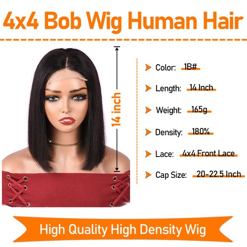 Ali Grace Pre Plucked Bleached Knots Lace Closure 4x4 Bob Wig 180% Density Straight Wigs Human Hair for Black Women 9A Remy Real Human Hair Wigs with Baby Hair Swiss Lace 14 inch