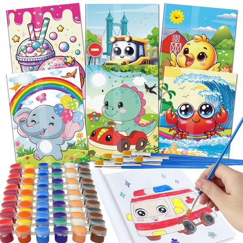 Elfew 6 Pack Acrylic Paint Set with Coloring Books for Kids 4-8, Water Coloring Book for Kids Party Favor, Washable Paint Brushes and Paint Strips, Art Painting Supplies Kit
