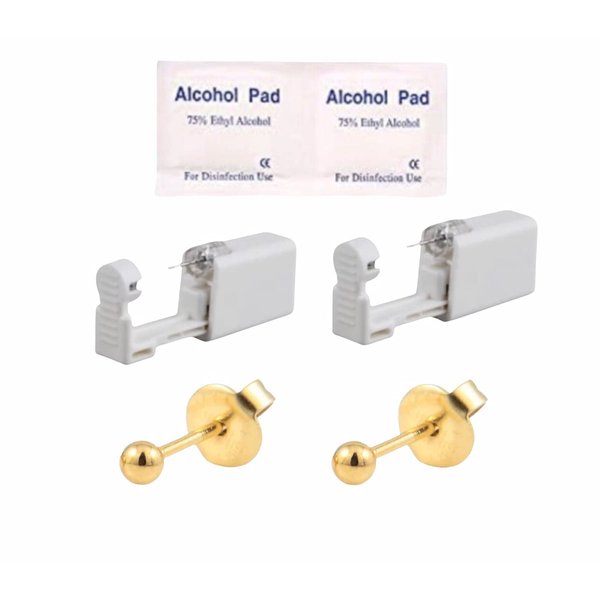 2Pcs Disposable Sterile Unit Ear Nose Stud Piercing Gun Piercer Tool Machine (3mm Gold Ball)