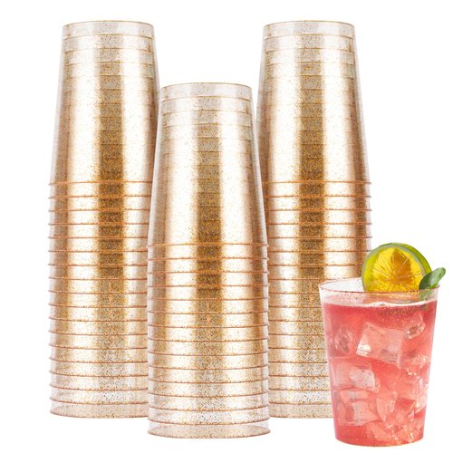 50PCS 12oz Gold Glitter Plastic Cups for Party, Disposable Gold Plastic Cups, Plastic Cocktail Glasses for Wedding Thanksgiving, Christmas, and Parties