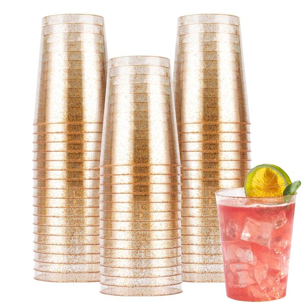 50PCS 12oz Gold Glitter Plastic Cups for Party, Disposable Gold Plastic Cups, Plastic Cocktail Glasses for Wedding Thanksgiving, Christmas, and Parties